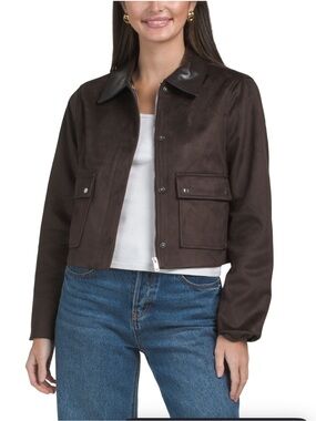 HOUSE OF HARLOW 1960 faux suede jacket with contrast combo collar
